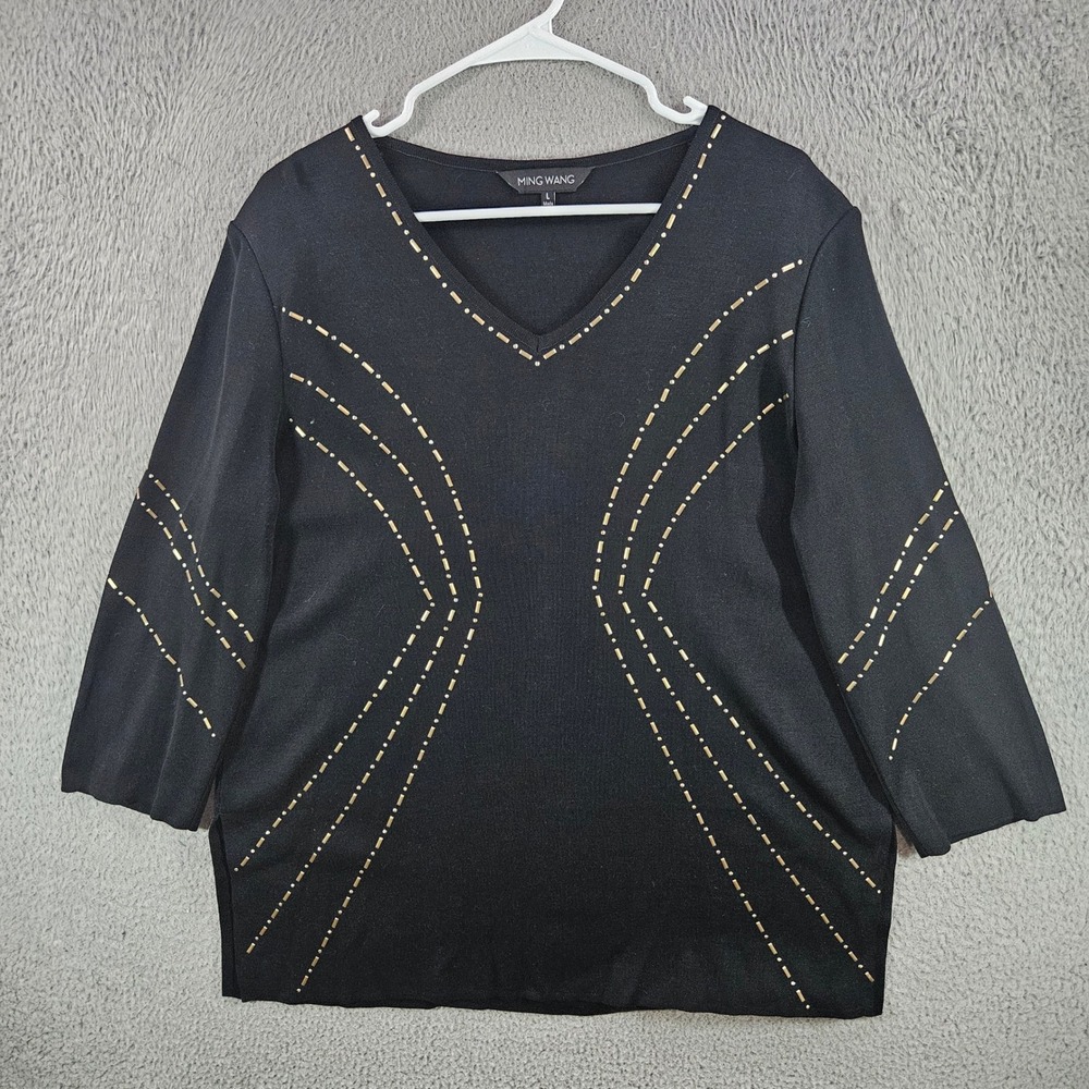 Ming Wang Womens Black Gold Studded V-Neck Knit Top 3/4 Sleeve Size L